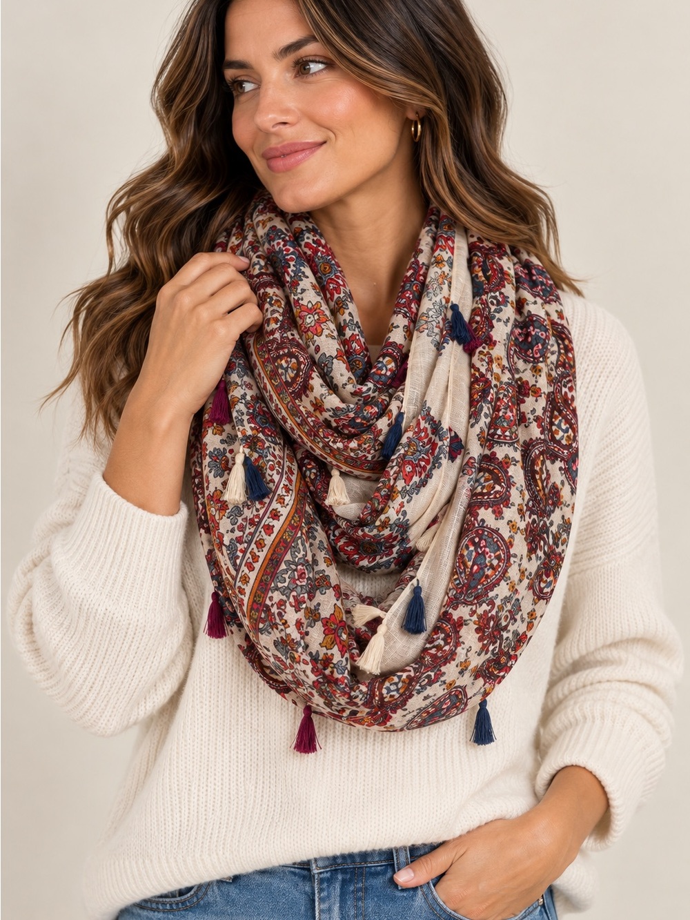 Paisley Infinity Scarf - Cream with Burgundy Blue Tassel Accents